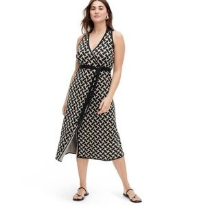 Women's Collared Sleeveless Vintage Weave Neutral Sweaterknit Midi Wrap Dress